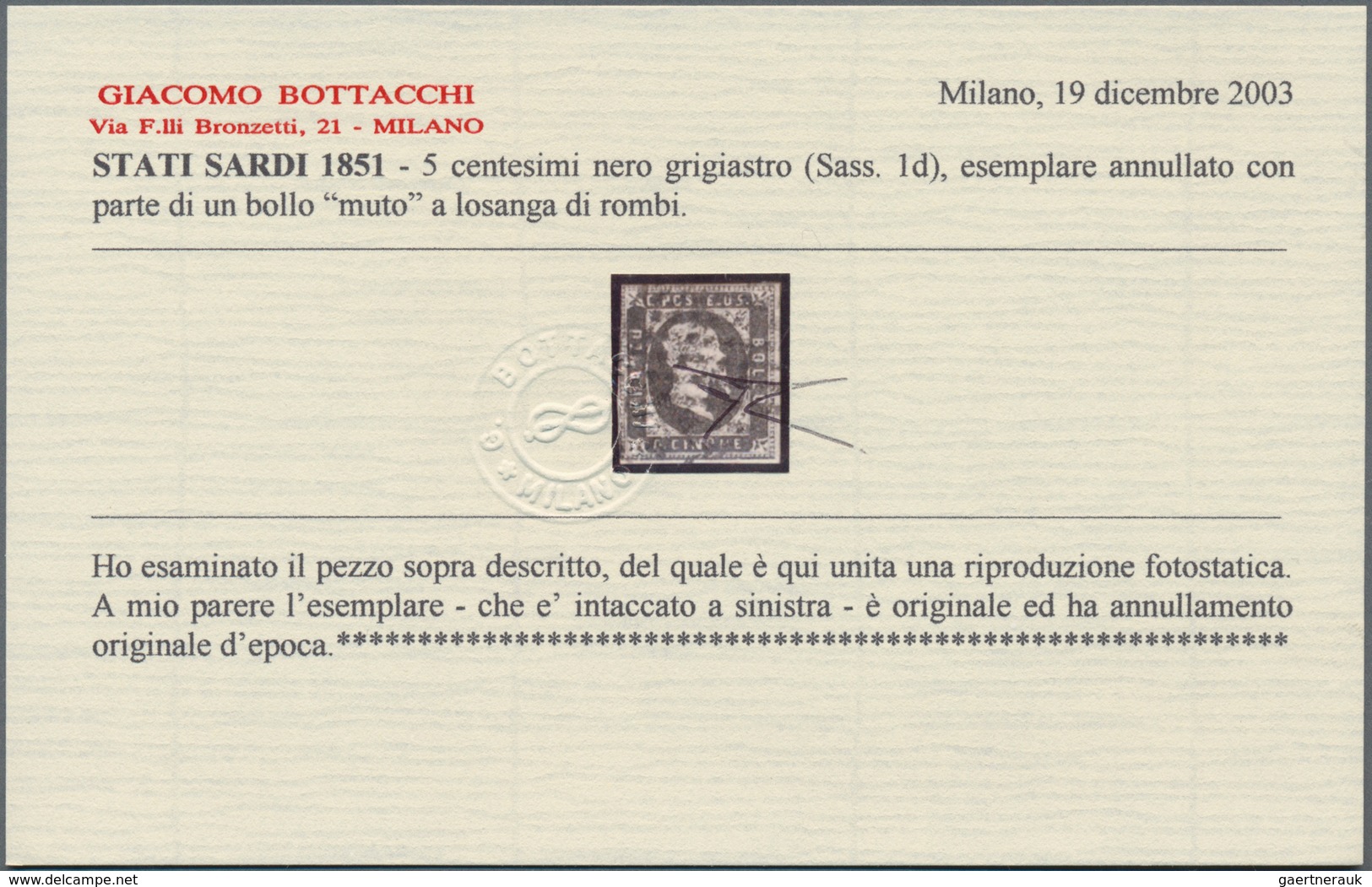 Italien - Altitalienische Staaten: Sardinien: 1851, 5 C Grey-black Tied By Dotted Lozenge Cancel, Th - Sardinien