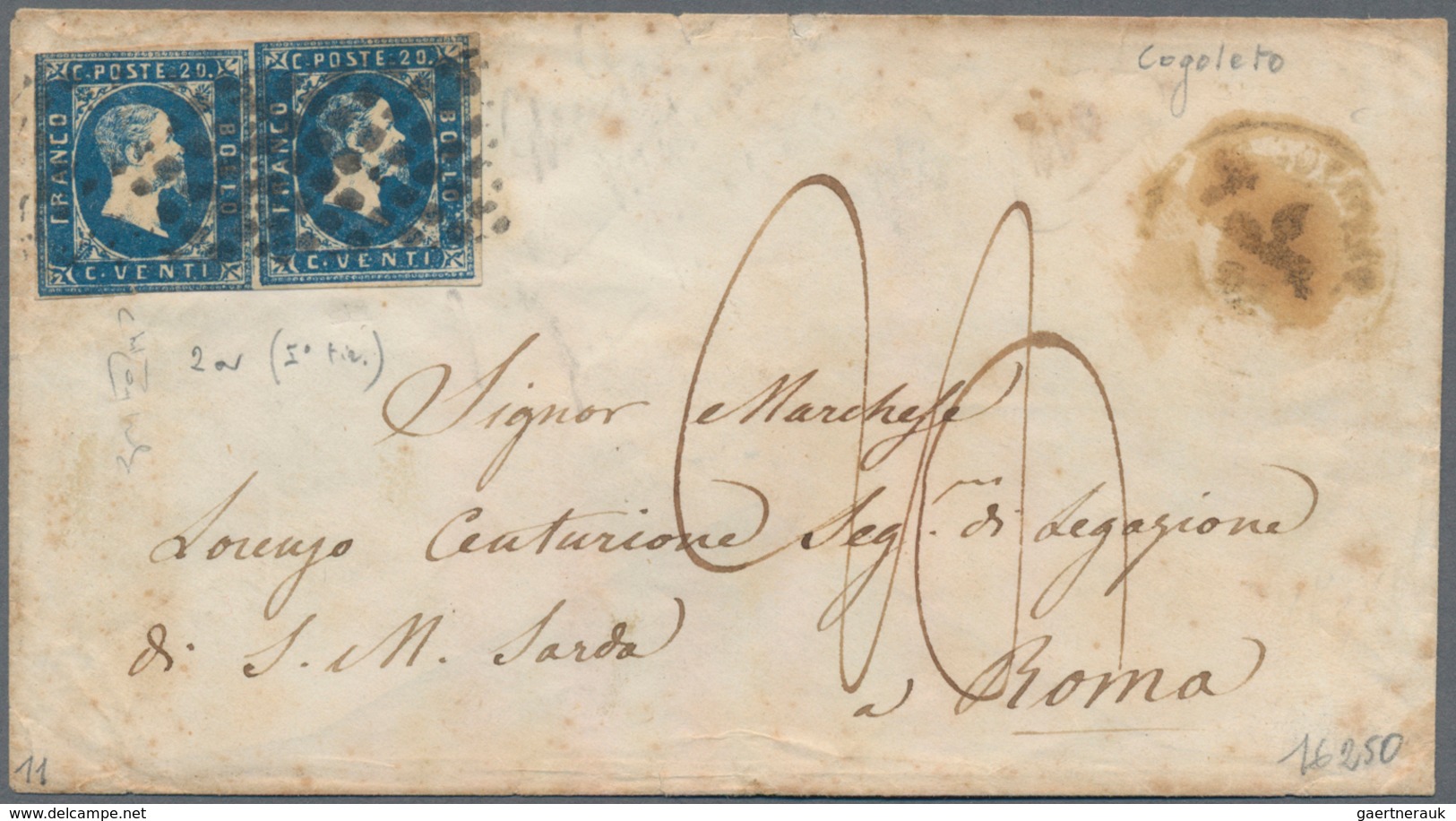 Italien - Altitalienische Staaten: Sardinien: 1851, 20 C Blue Horizontal Pair Tied By Rhomb Dot Canc - Sardinien