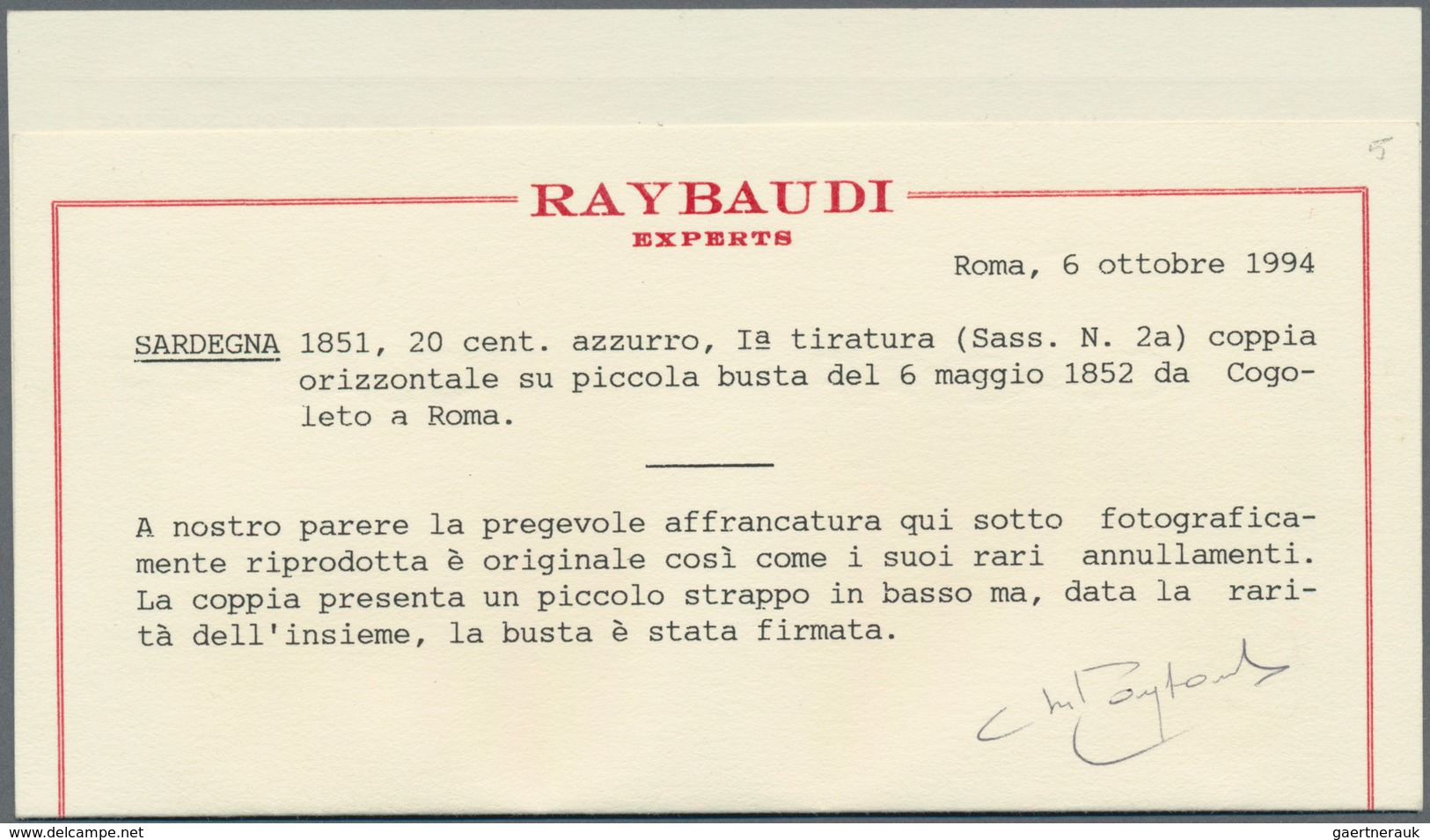 Italien - Altitalienische Staaten: Sardinien: 1851, 20 C Blue Horizontal Pair Tied By Rhomb Dot Canc - Sardinia