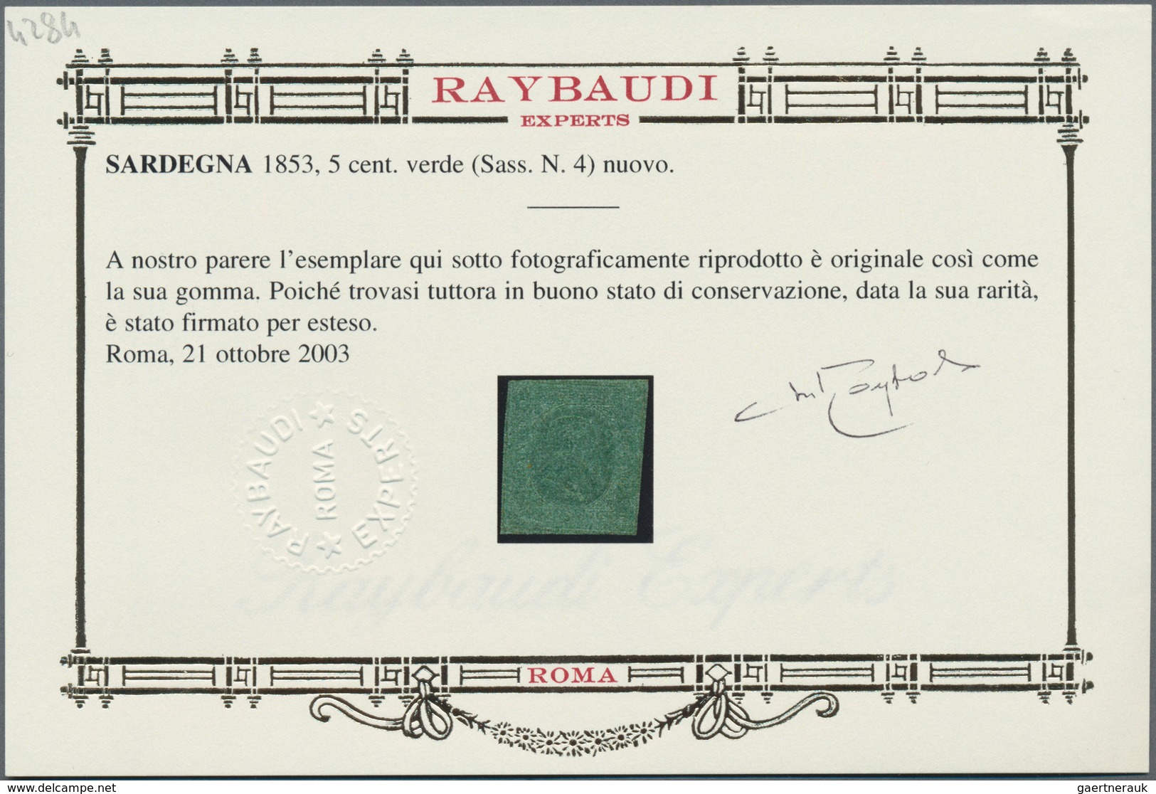 Italien - Altitalienische Staaten: Sardinien: 1853, 5 C Blue-green Unused With Original Gum, The Sta - Sardinia