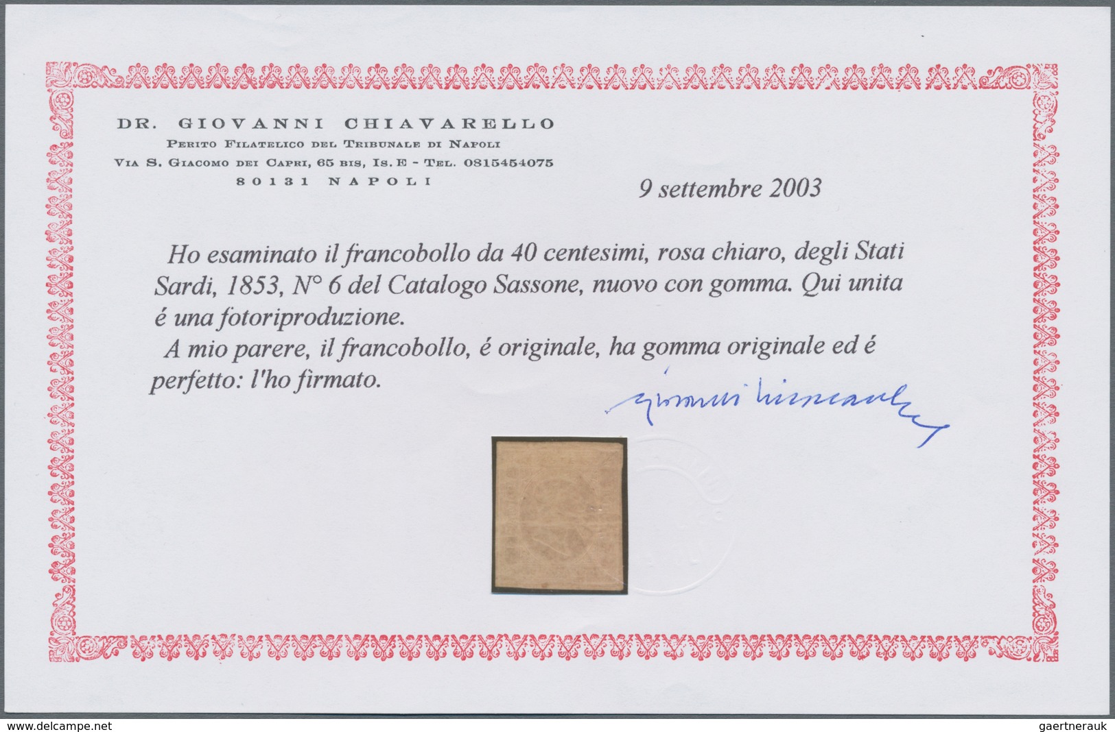 Italien - Altitalienische Staaten: Sardinien: 1853, 40 C Light Rose Unused With Original Gum, All Si - Sardinia