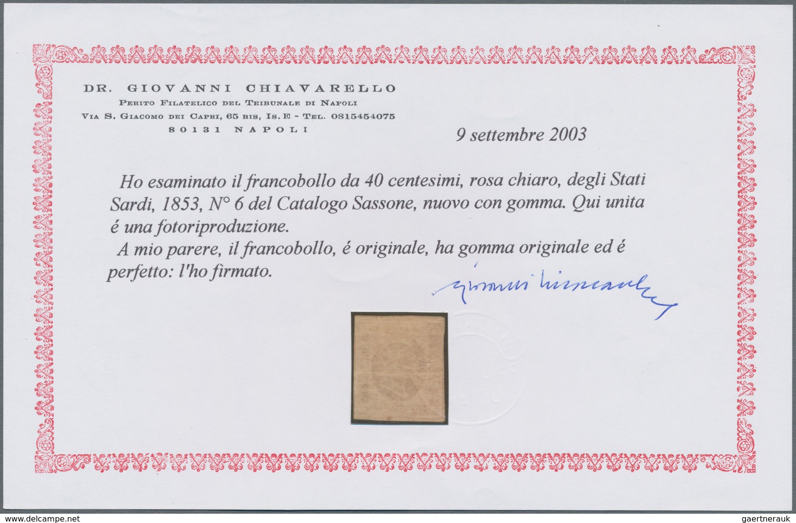 Italien - Altitalienische Staaten: Sardinien: 1853, 40 C Light Rose Unused With Original Gum, All Si - Sardinien