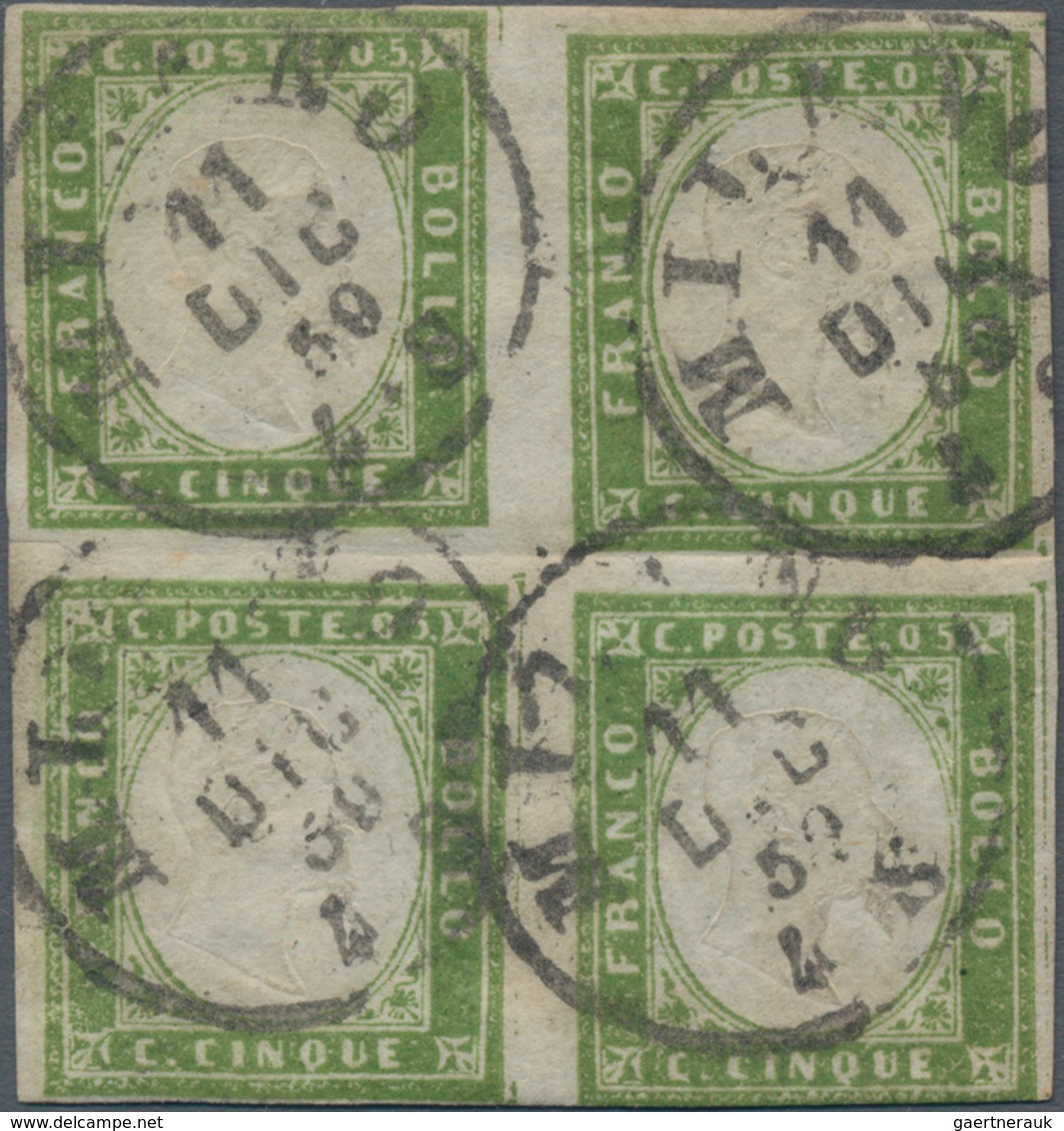 Italien - Altitalienische Staaten: Sardinien: 1855, 5 C Yellow-green In Block Of Four, Each Stamp Ca - Sardinia