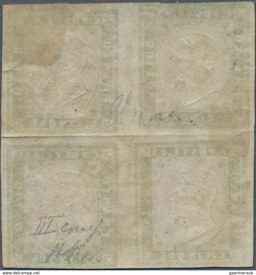 Italien - Altitalienische Staaten: Sardinien: 1855, 5 C Yellow-green In Block Of Four, Each Stamp Ca - Sardinien