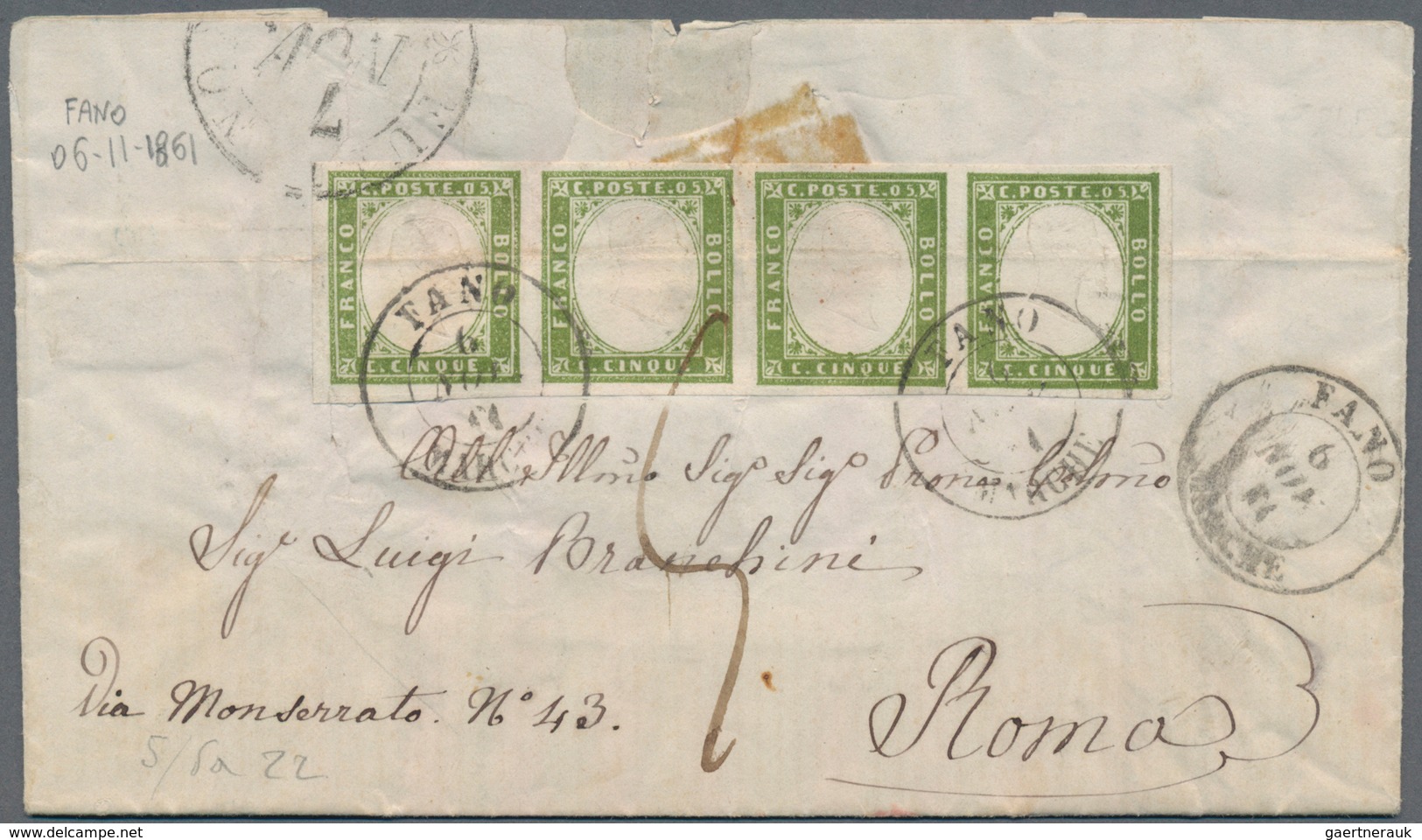 Italien - Altitalienische Staaten: Sardinien: 1861, 5 C Olive Green Horizontal Strip Of 4 Cancelled - Sardinien