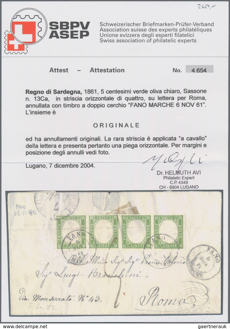 Italien - Altitalienische Staaten: Sardinien: 1861, 5 C Olive Green Horizontal Strip Of 4 Cancelled - Sardinia
