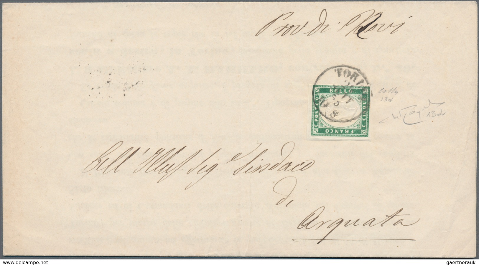 Italien - Altitalienische Staaten: Sardinien: 1855, 5 C Emerald Green Cancelled With One-circle TORI - Sardinien