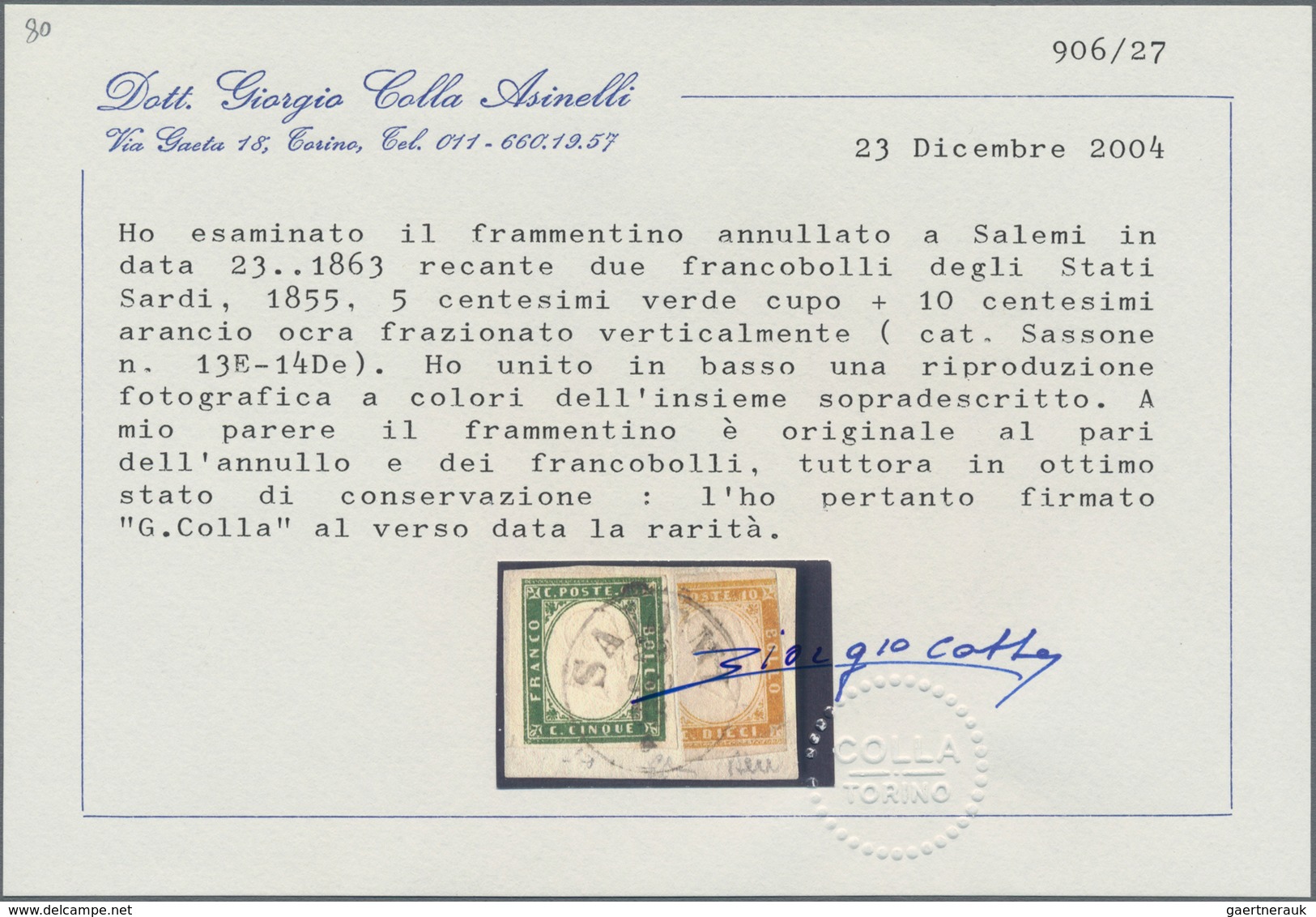 Italien - Altitalienische Staaten: Sardinien: 1855, 5 C Dark Green Mixed Franking With 10 C Ochre-br - Sardinien