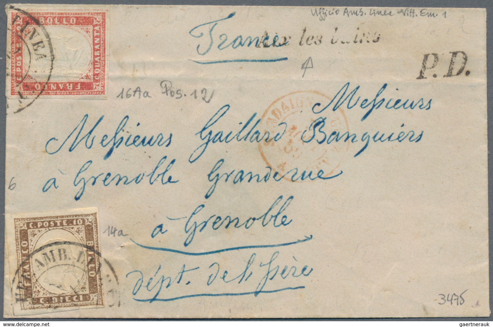 Italien - Altitalienische Staaten: Sardinien: 1858, 10 C Brown-grey Mixed Franking With 40 C Scarlet - Sardinia