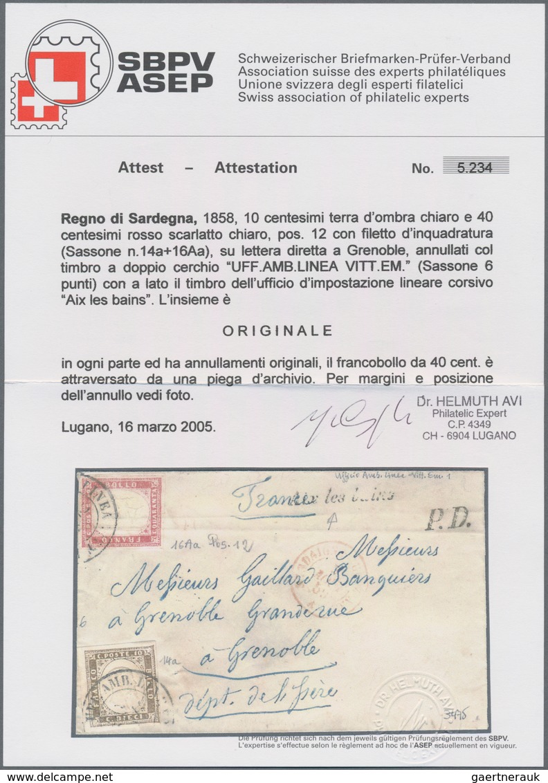 Italien - Altitalienische Staaten: Sardinien: 1858, 10 C Brown-grey Mixed Franking With 40 C Scarlet - Sardinia