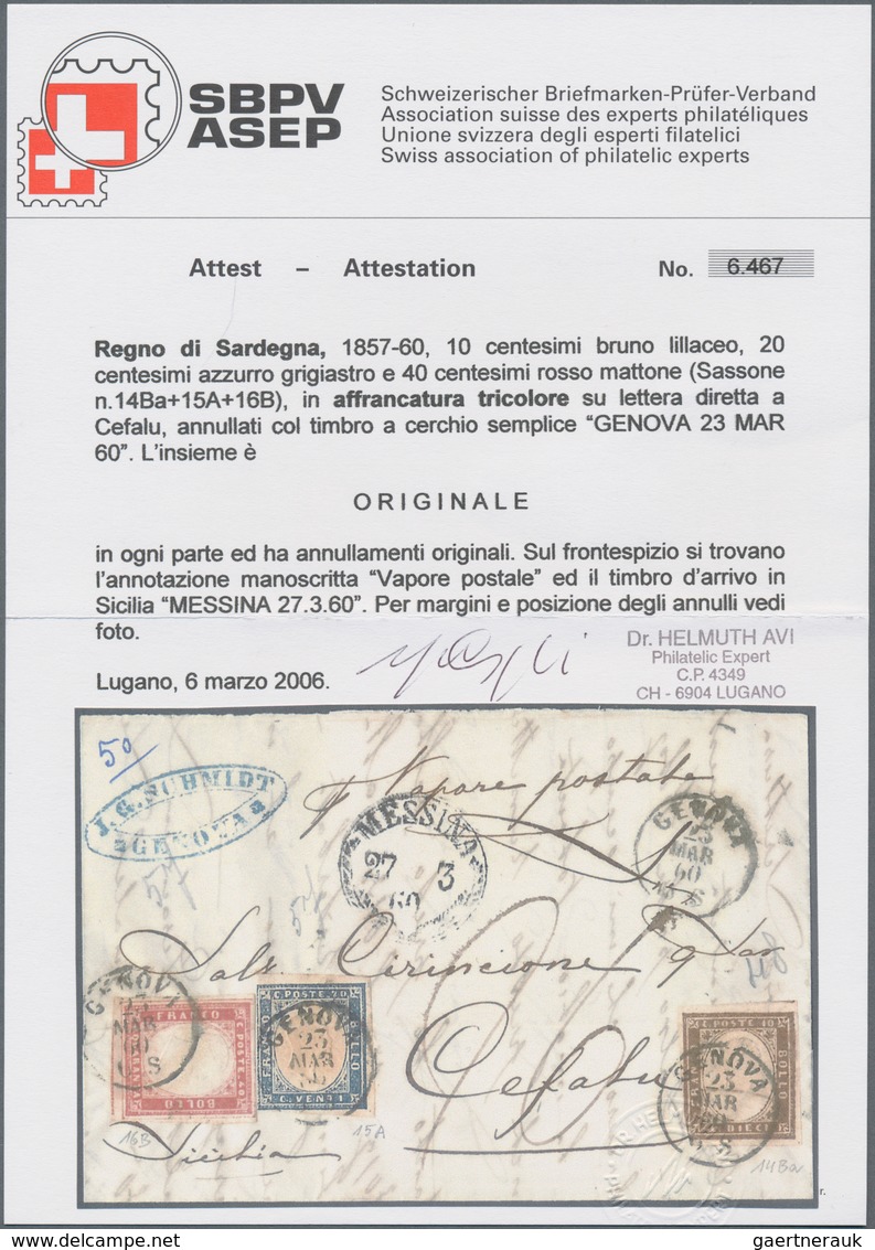 Italien - Altitalienische Staaten: Sardinien: 1857/60, 10 C Brown, 20 C Blue And 40 C Carmine Three- - Sardinia