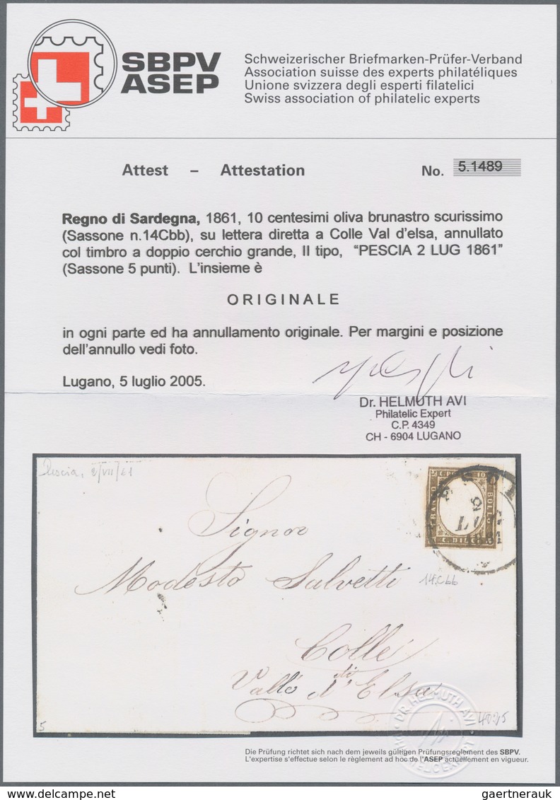 Italien - Altitalienische Staaten: Sardinien: 1862, 10 C Dark Olive Brown Single Franking Tied By Do - Sardinien