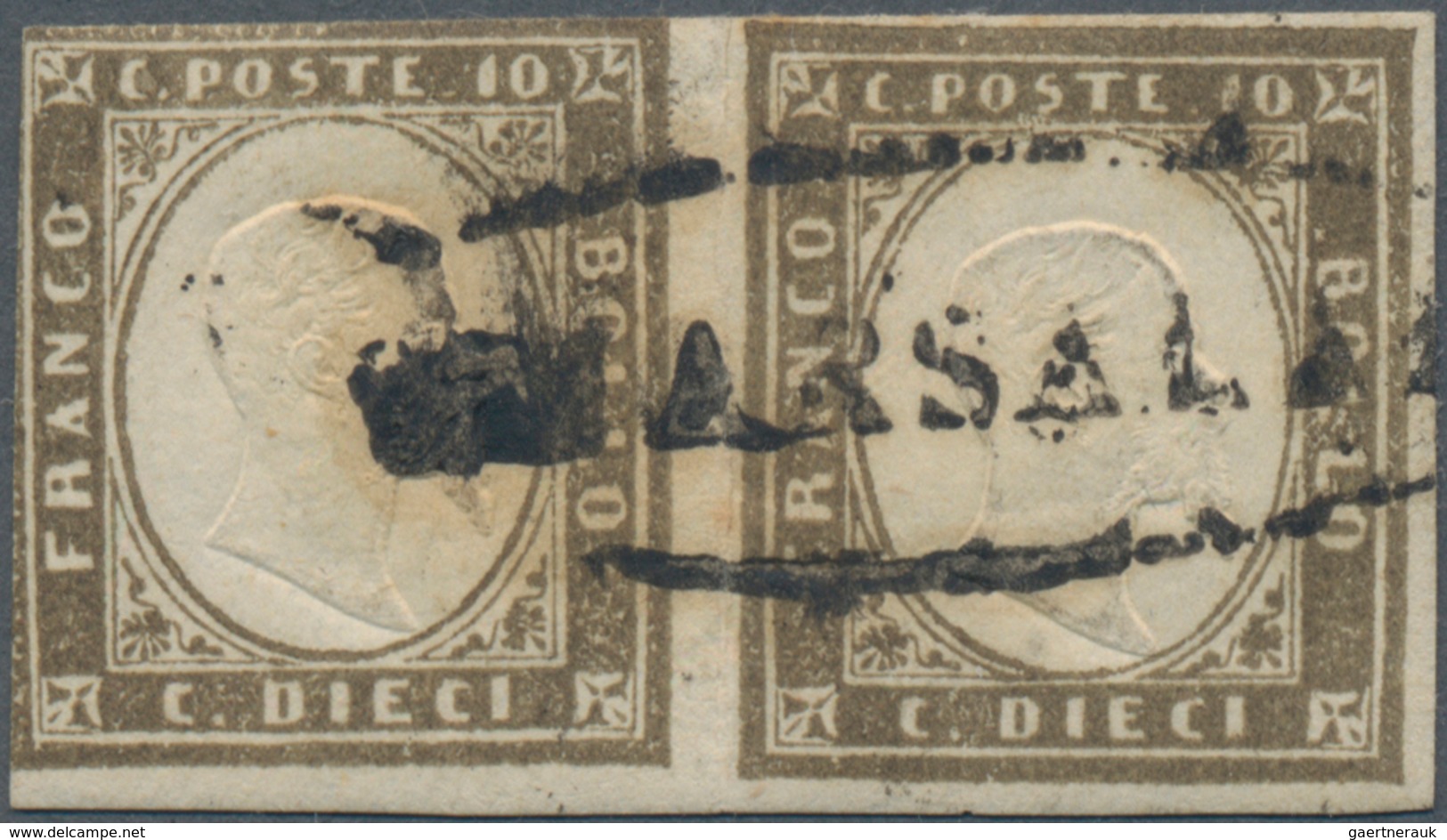 Italien - Altitalienische Staaten: Sardinien: 1861, 10 C Brown-grey Horizontal Pair Tied By Oval Can - Sardinia