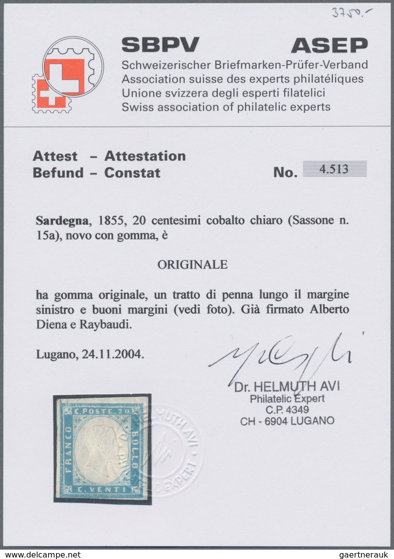 Italien - Altitalienische Staaten: Sardinien: 1855, 20 C Milk-blue Unused With Original Gum, The Sta - Sardinia