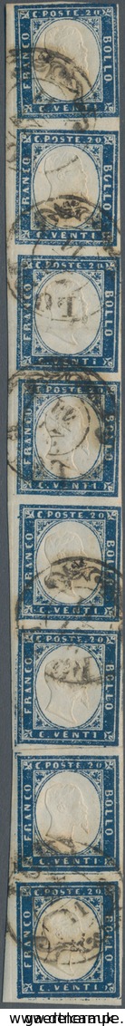 Italien - Altitalienische Staaten: Sardinien: 1855, 20 C Dark Blue Stripe Of Eight Cancelled With 5 - Sardinia