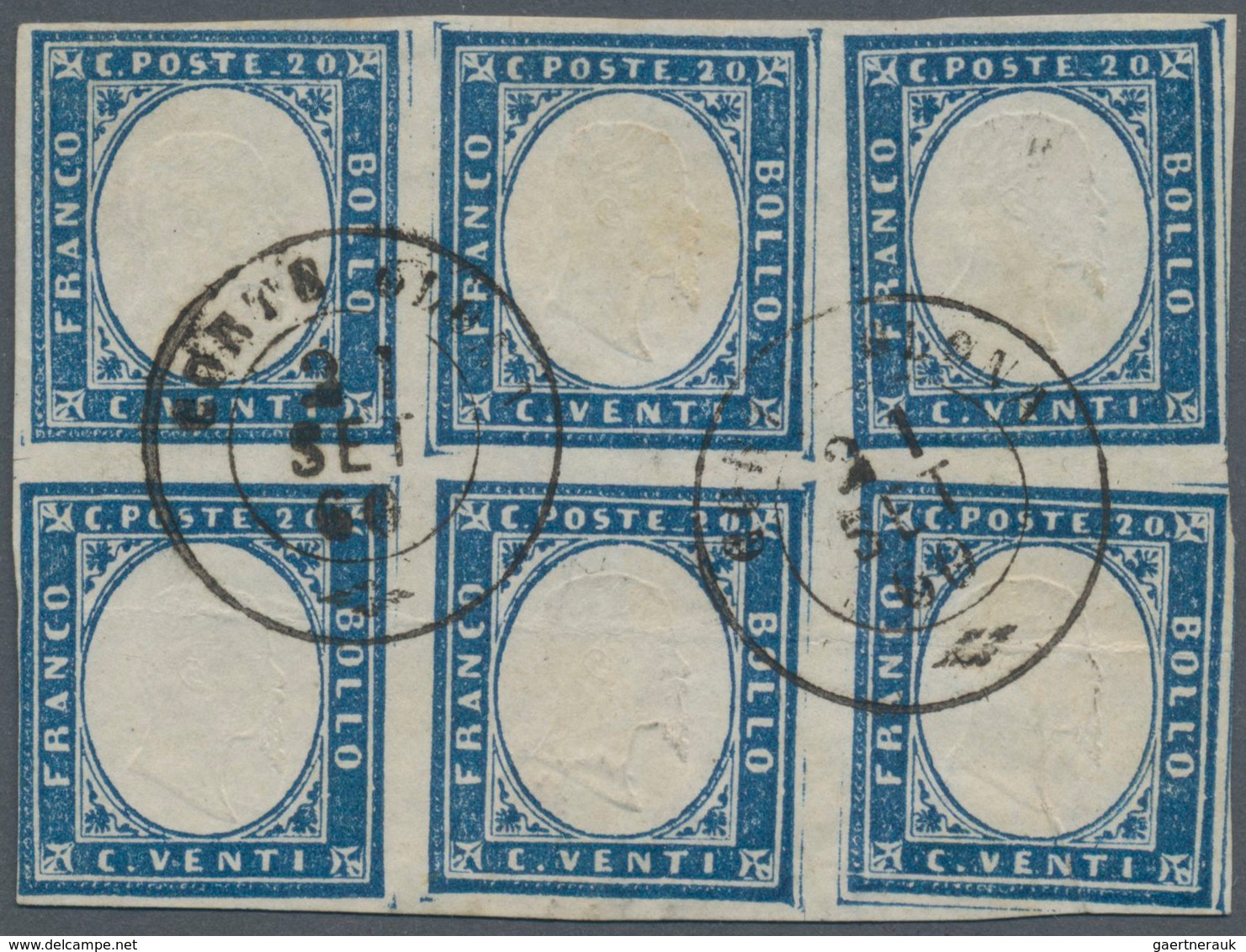 Italien - Altitalienische Staaten: Sardinien: 1860, 20 C Blue In Block Of Six Cancelled With Double - Sardinien