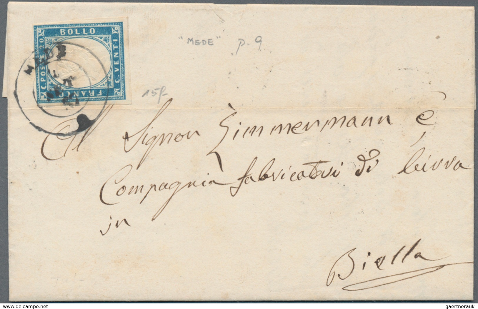 Italien - Altitalienische Staaten: Sardinien: 1855, 20 C Milk-blue Single Franking Tied By Double Ci - Sardinien