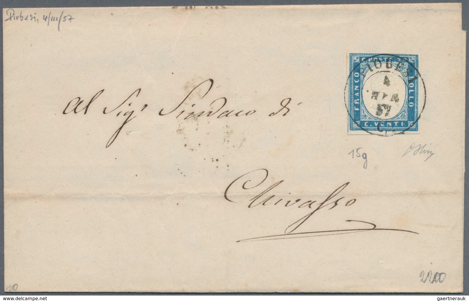 Italien - Altitalienische Staaten: Sardinien: 1855, 20 C Light Blue Single Franking On Complete Fold - Sardinien