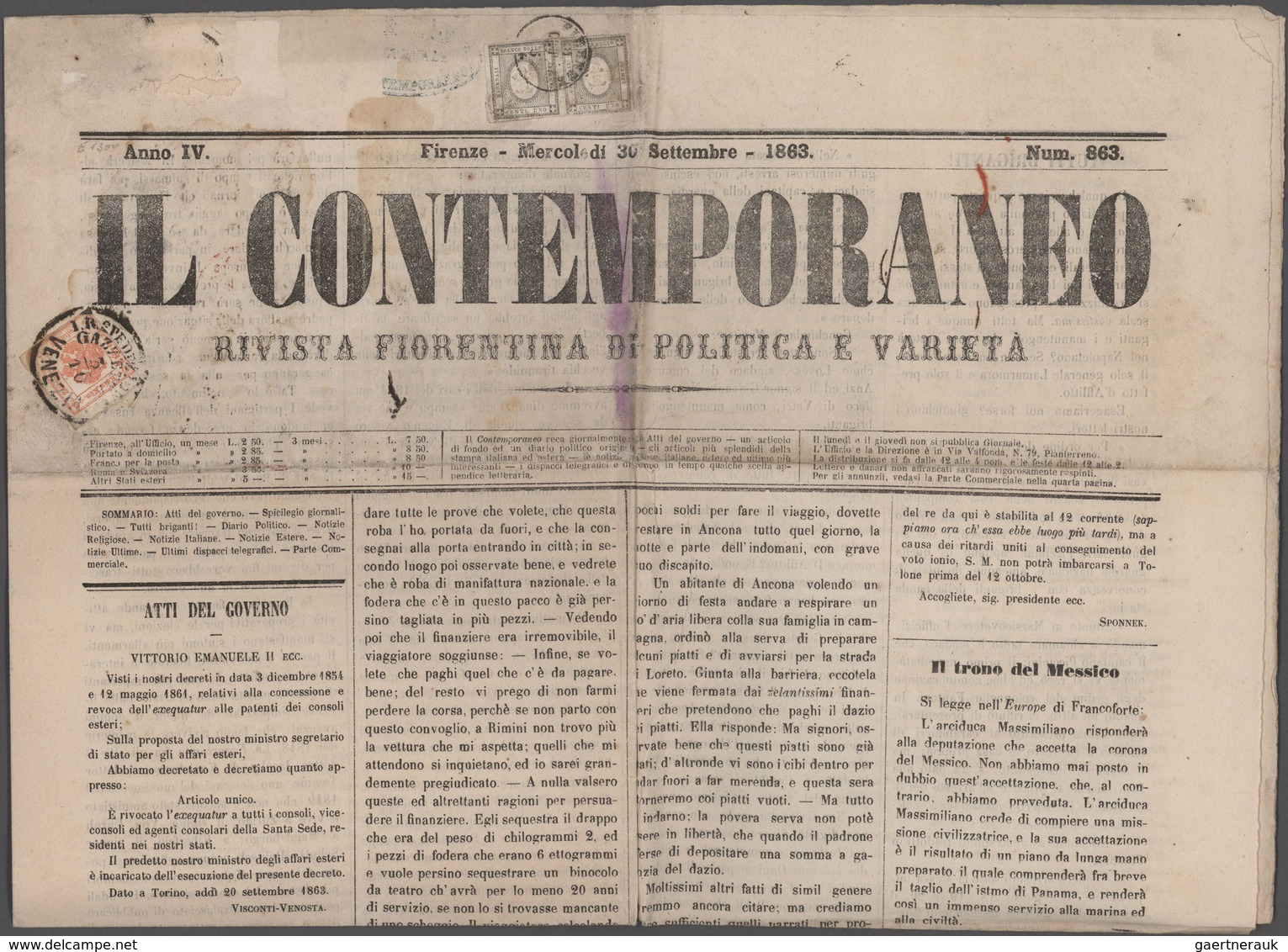 Italien - Altitalienische Staaten: Sardinien: 1863. Complete Newspaper "Il Contemporaneo", Printed I - Sardinia