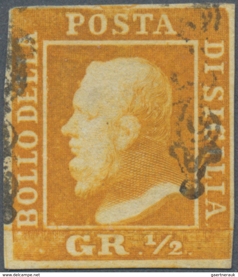 Italien - Altitalienische Staaten: Sizilien: 1859, 1/2 Gr Orange Tied By Horseshoe Cancel, The Stamp - Sicily