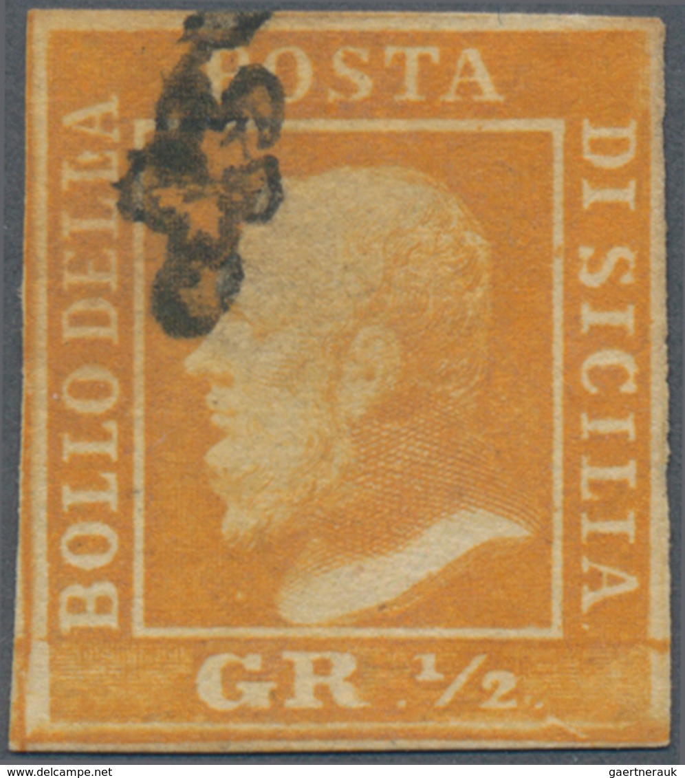 Italien - Altitalienische Staaten: Sizilien: 1859, 1/2 Gr Orange Tied By Horseshoe Cancel, The Stamp - Sicily