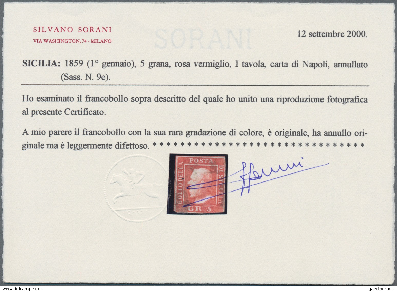 Italien - Altitalienische Staaten: Sizilien: 1859, 5 Gr Rose-vermilion On Naples-paper Tied By Horse - Sicily