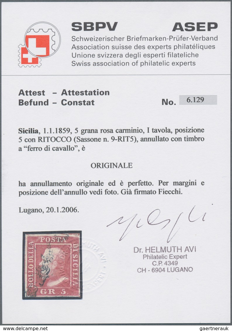 Italien - Altitalienische Staaten: Sizilien: 1859, 5 Gr Rose-carmine With Retouched "5" Tied By Hors - Sicily