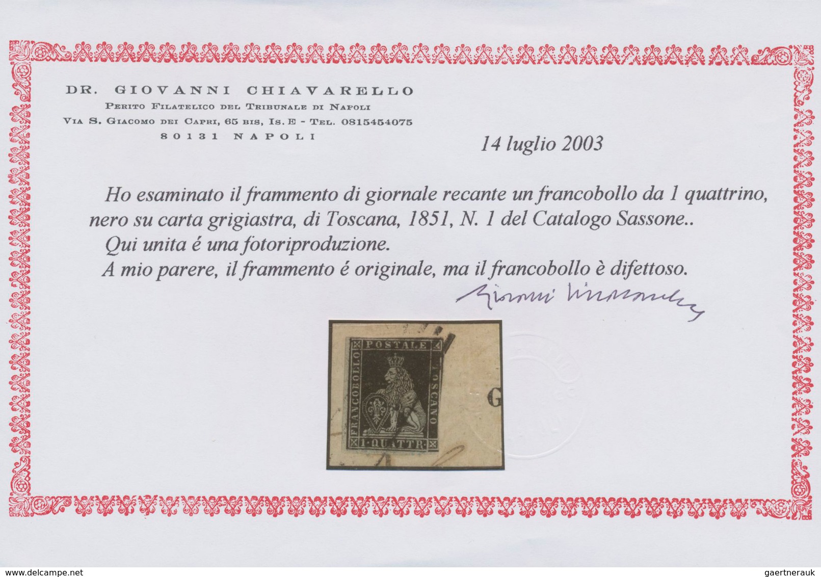Italien - Altitalienische Staaten: Toscana: 1851, 1 Qu Black Tied By Grid Cancel On Piece, Three Sid - Tuscany