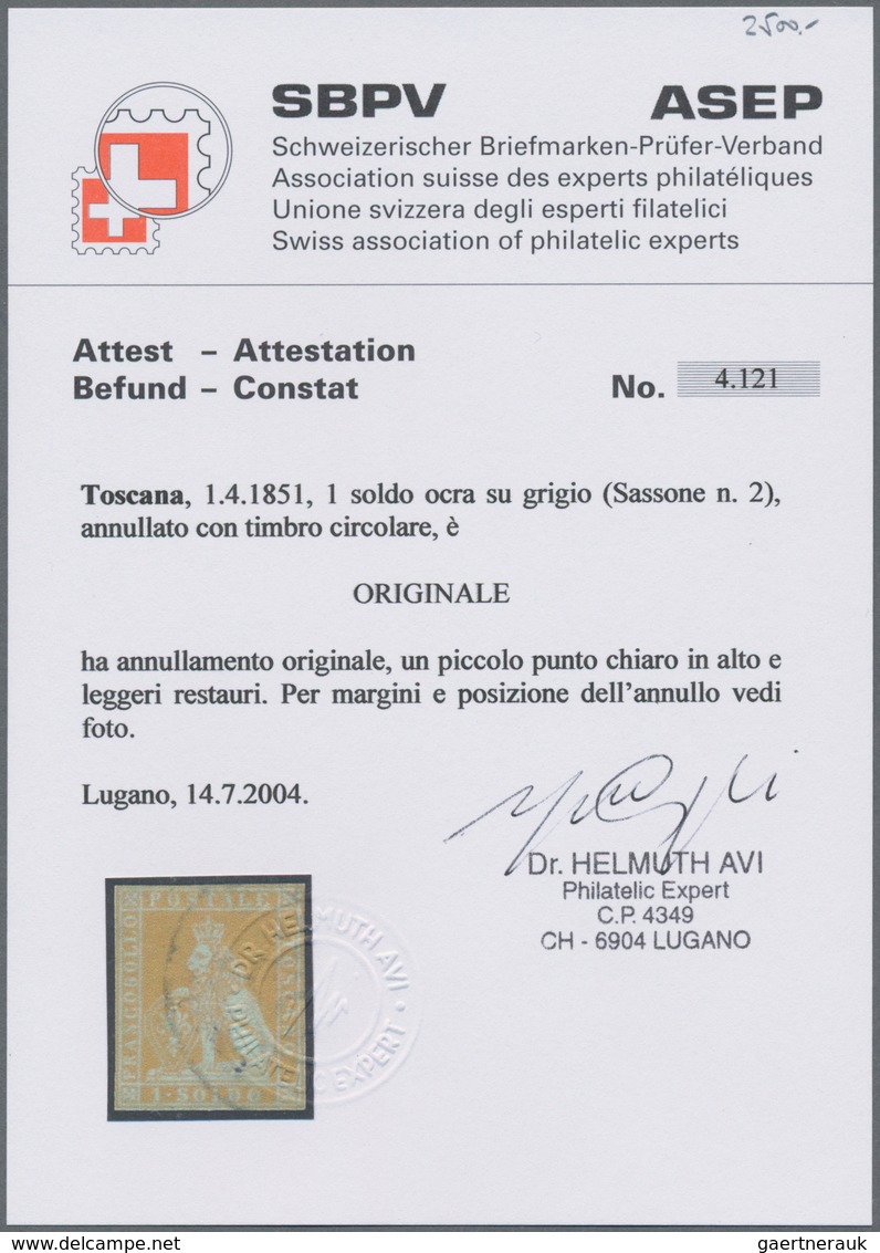 Italien - Altitalienische Staaten: Toscana: 1851, 1 So Ochre On Grey Paper Tied By Circle Cancel And - Tuscany