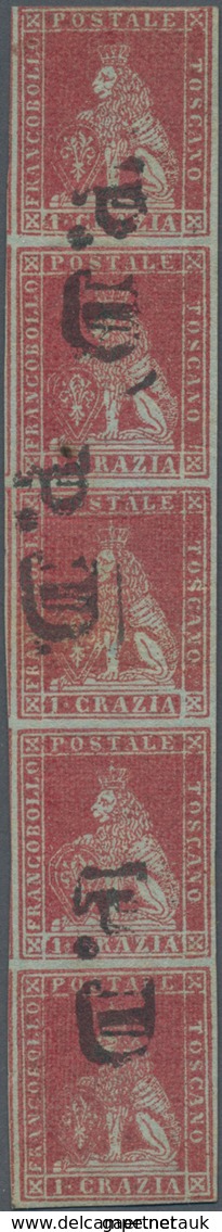 Italien - Altitalienische Staaten: Toscana: 1851, 1 Cr Carmine Vertical Stripe Of Five Cancelled 3x - Tuscany