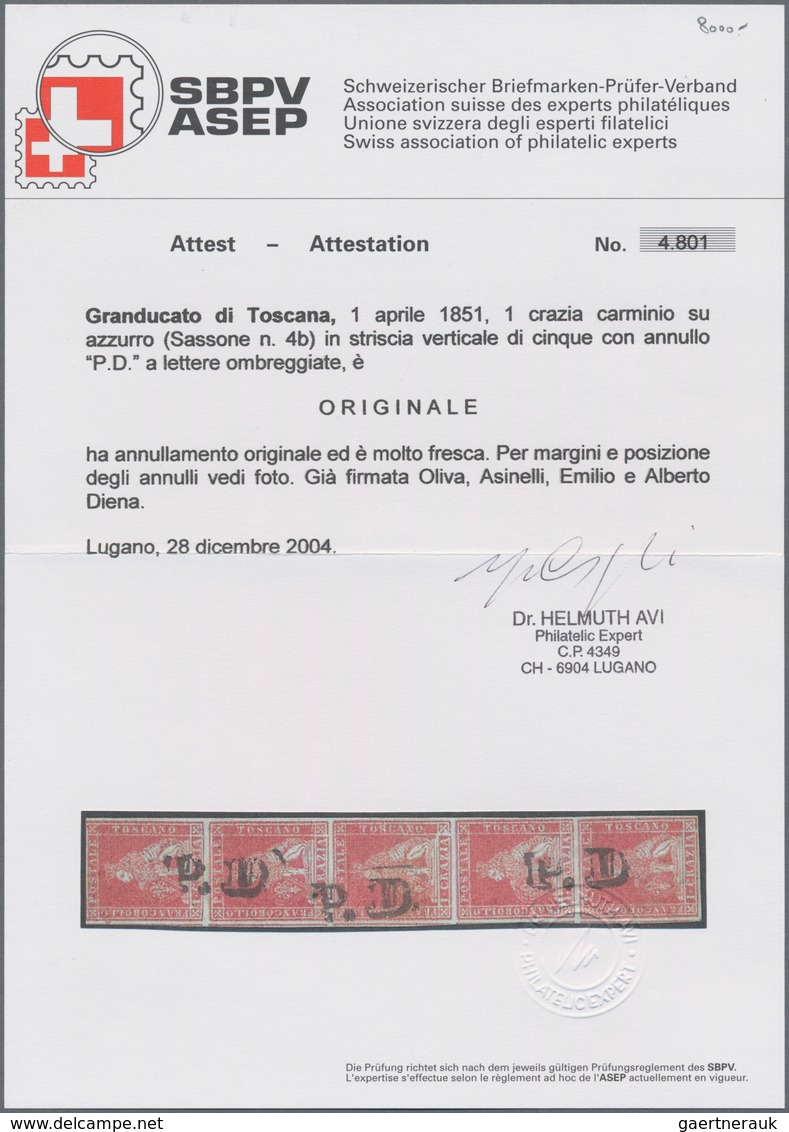 Italien - Altitalienische Staaten: Toscana: 1851, 1 Cr Carmine Vertical Stripe Of Five Cancelled 3x - Tuscany