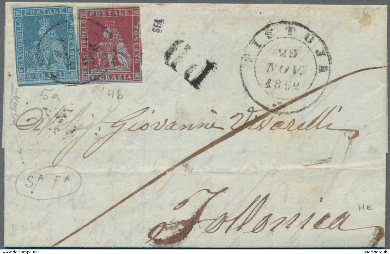Italien - Altitalienische Staaten: Toscana: 1851, 1 Cr Carmine-red And 2 Cr Blue Mixed Franking Tied - Tuscany