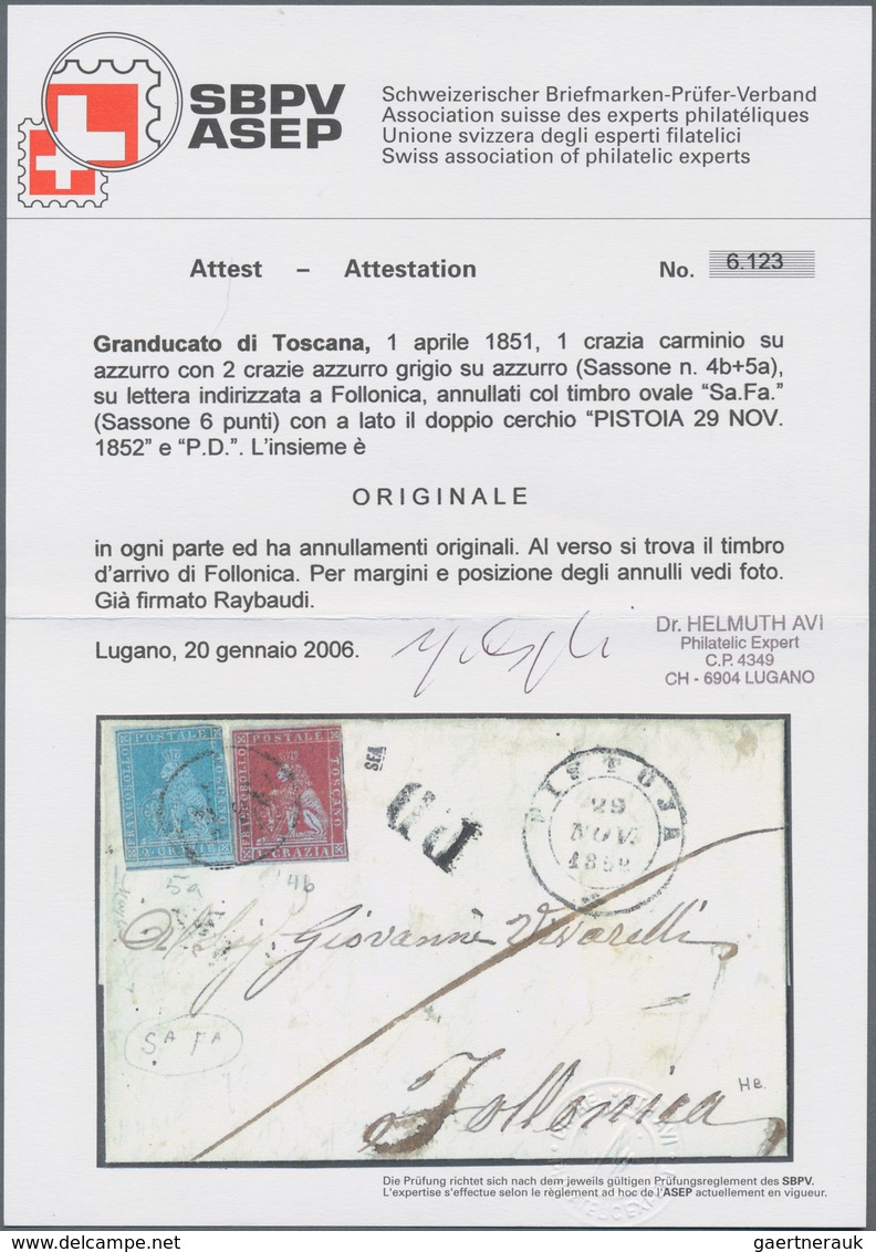 Italien - Altitalienische Staaten: Toscana: 1851, 1 Cr Carmine-red And 2 Cr Blue Mixed Franking Tied - Tuscany