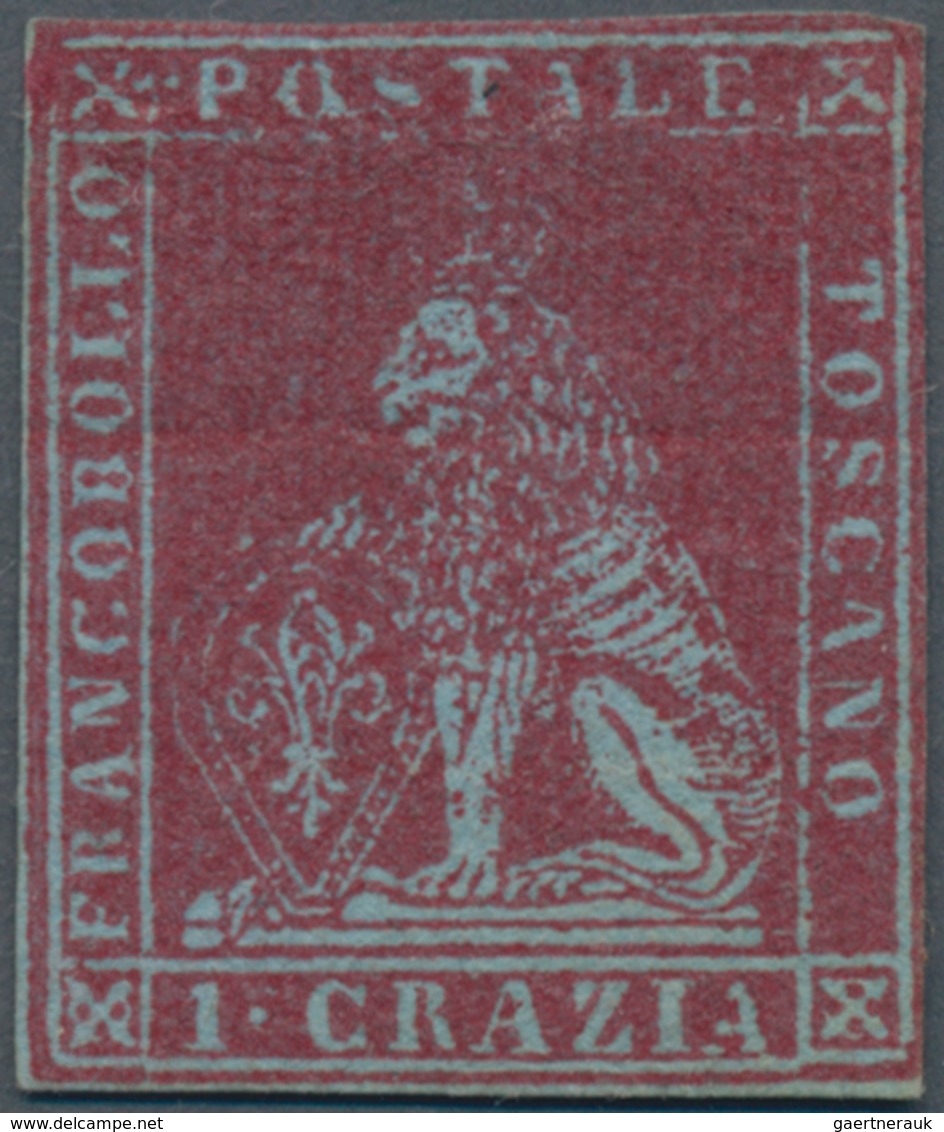 Italien - Altitalienische Staaten: Toscana: 1851, 1 Cr Lilac-carmine Red On Blue Paper Unused With P - Tuscany