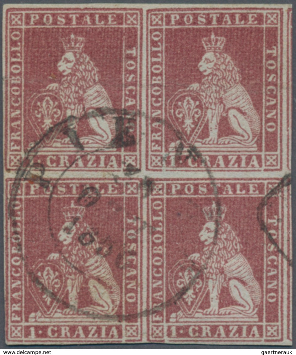 Italien - Altitalienische Staaten: Toscana: 1851, 1 Cr Brown-carmine Block Of 4 Tied By Double Circl - Tuscany