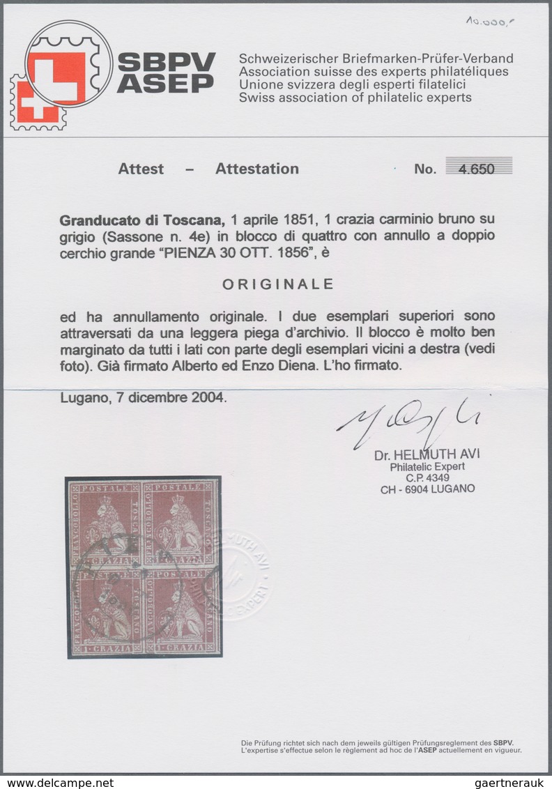 Italien - Altitalienische Staaten: Toscana: 1851, 1 Cr Brown-carmine Block Of 4 Tied By Double Circl - Tuscany