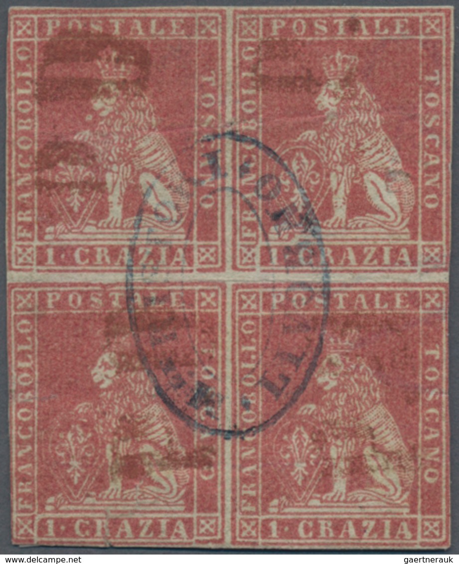 Italien - Altitalienische Staaten: Toscana: 1851, 1 Cr Carmine On Grey In Block Of Four With Red "PD - Tuscany