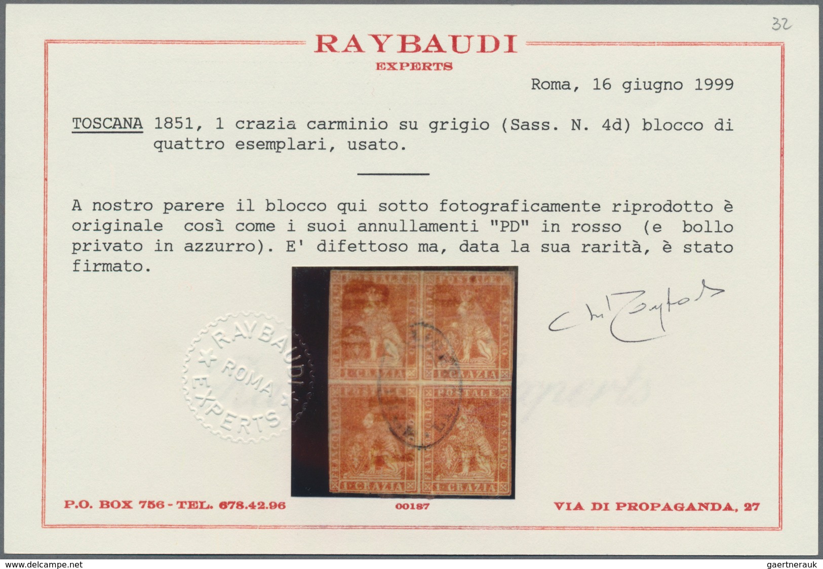 Italien - Altitalienische Staaten: Toscana: 1851, 1 Cr Carmine On Grey In Block Of Four With Red "PD - Tuscany