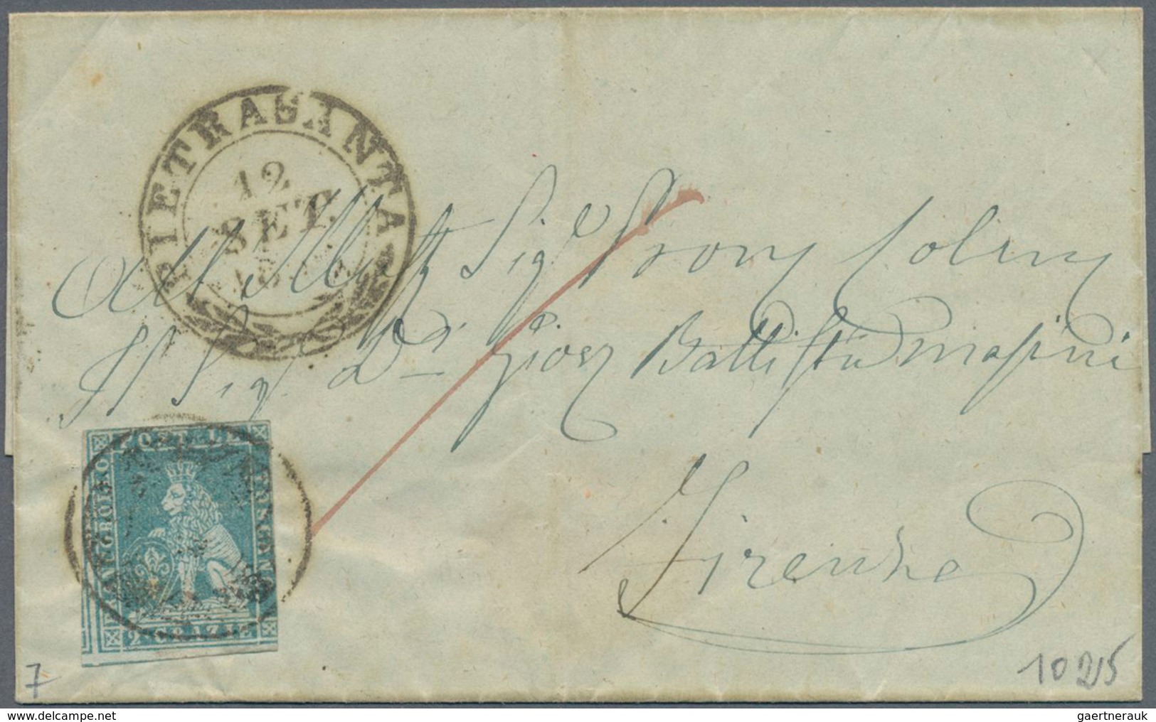 Italien - Altitalienische Staaten: Toscana: 1851, 2 Cr Blue Single Franking Tied By Circle Cancel An - Tuscany