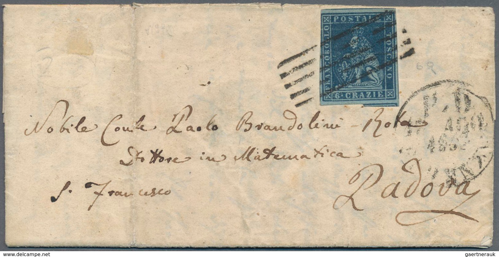 Italien - Altitalienische Staaten: Toscana: 1851, 6 Cr Blue On Blue Tied By Dash Stamp Cancel And Be - Tuscany