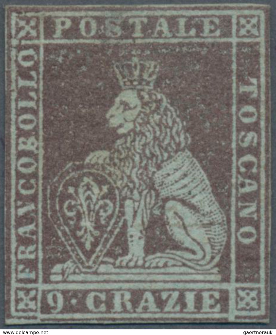 Italien - Altitalienische Staaten: Toscana: 1851, 9 Cr Violet-brown On Blue Paper Mint With Original - Tuscany