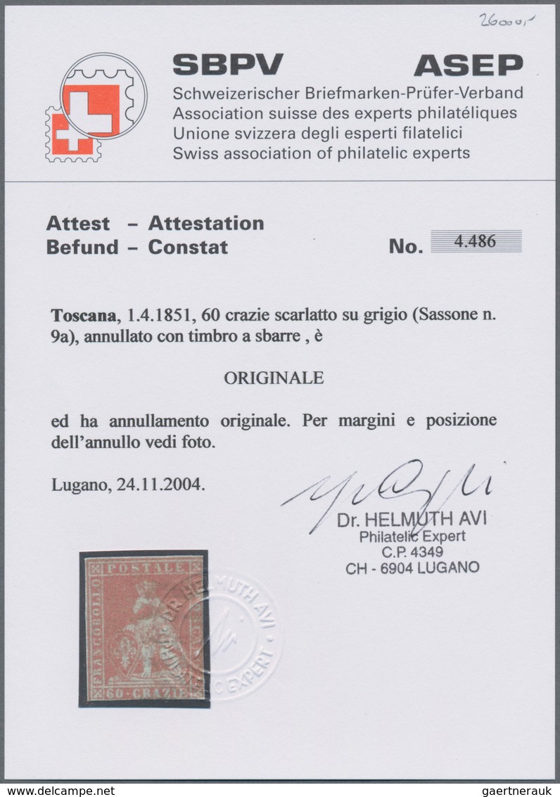 Italien - Altitalienische Staaten: Toscana: 1851, 60 Cr Brown-red On Grey-blue Paper Tied By 5-bar C - Tuscany