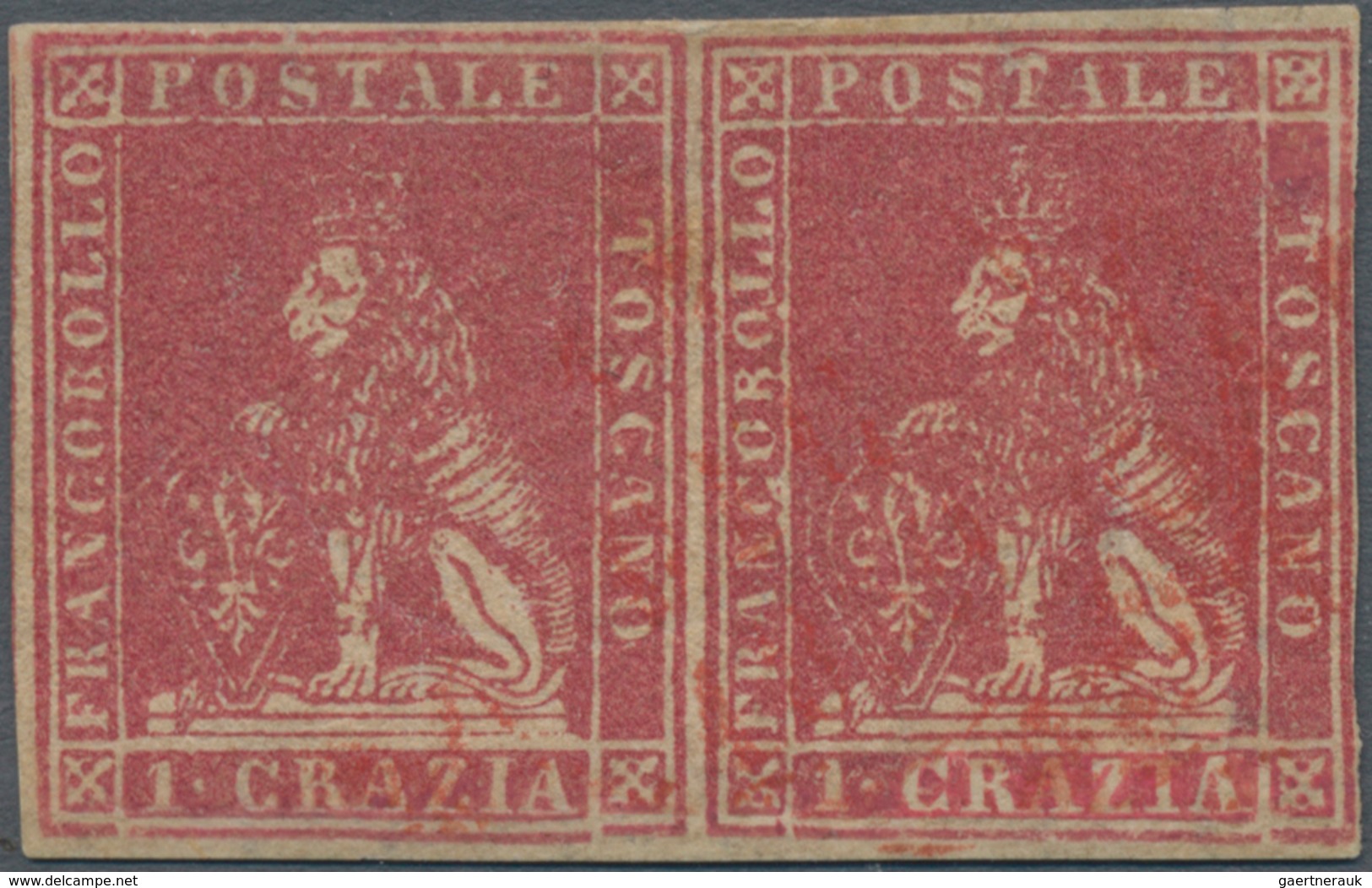 Italien - Altitalienische Staaten: Toscana: 1857, 1 Cr Carmine Horizontal Pair Mint Without Gum, All - Tuscany