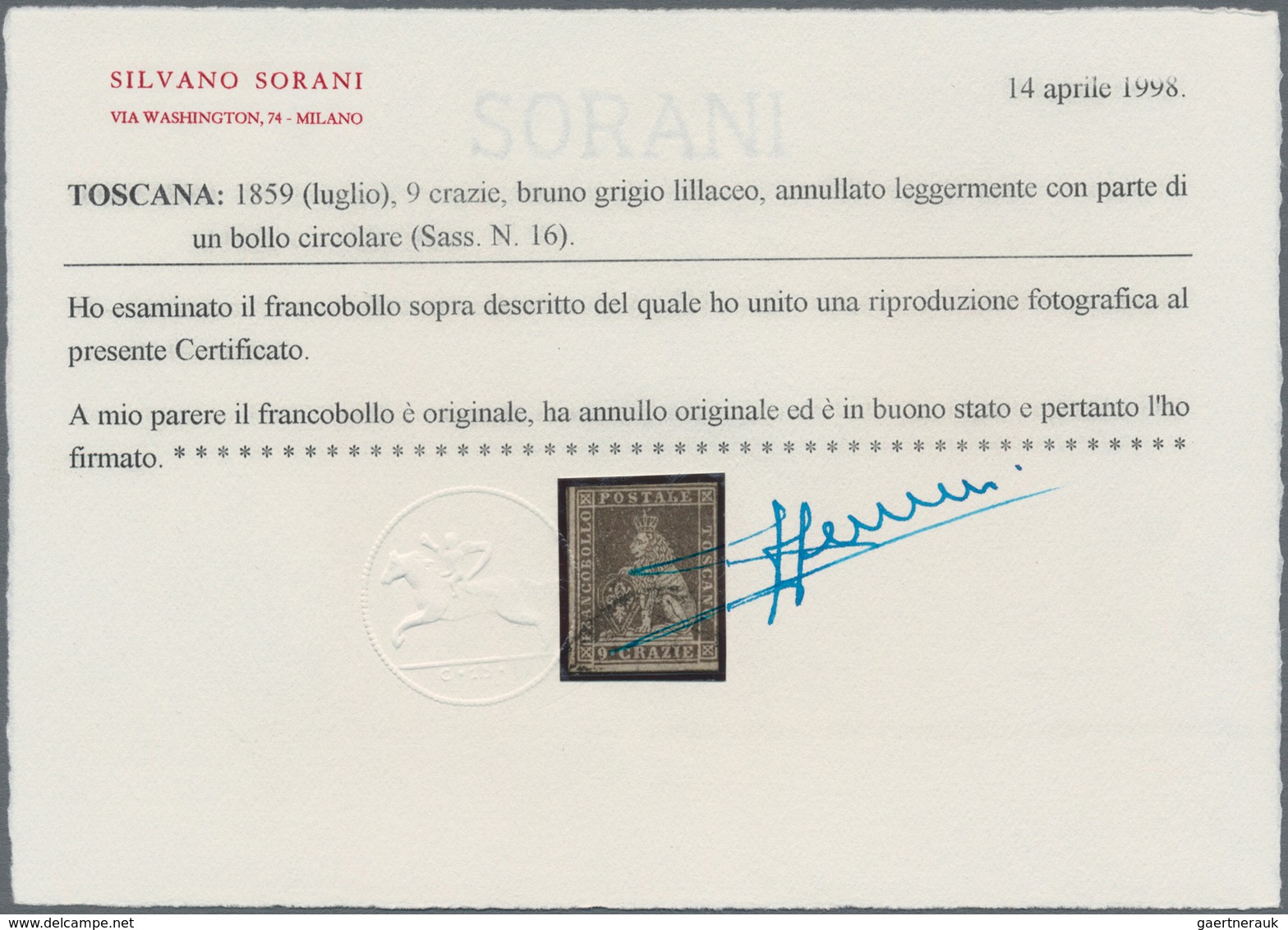 Italien - Altitalienische Staaten: Toscana: 1859, 9 Cr Brown-grey Lilac Cancelled, Partly Cut A Litt - Tuscany