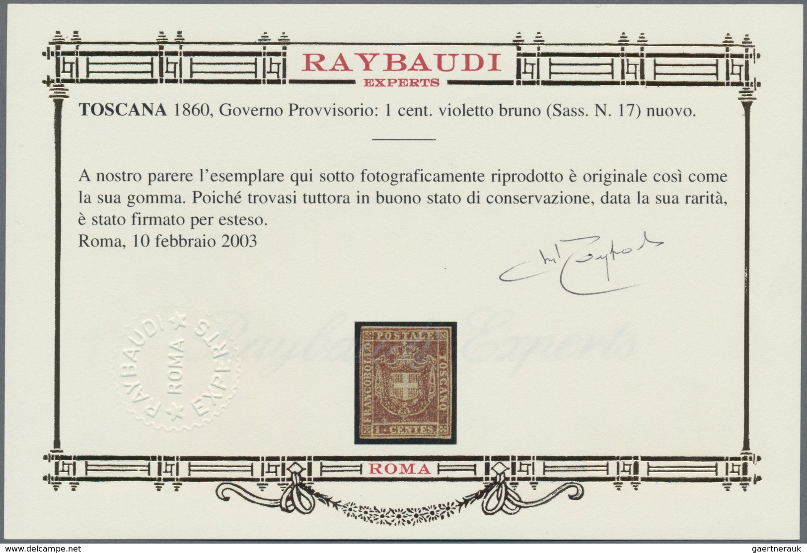 Italien - Altitalienische Staaten: Toscana: 1860, 1 C Brownish-violet Unused With Parts From Origina - Tuscany