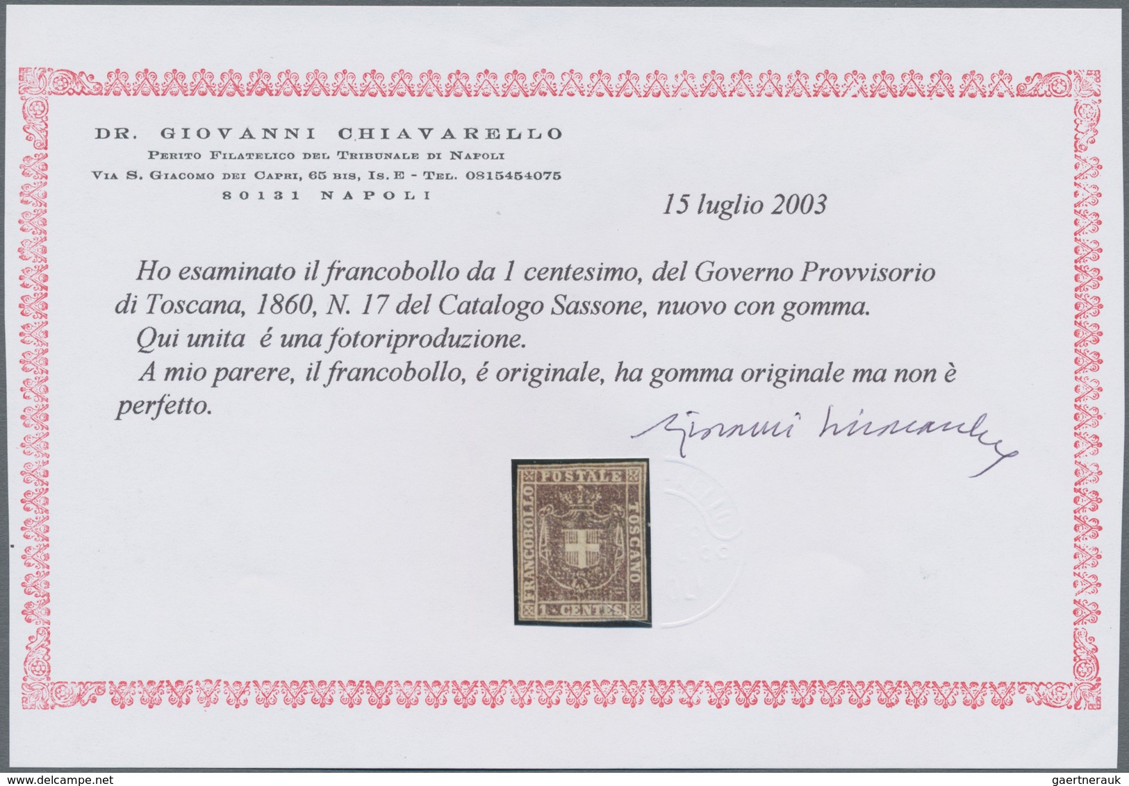 Italien - Altitalienische Staaten: Toscana: 1860, 1 Cent. Violet-brown Mint With Original Gum, The S - Tuscany