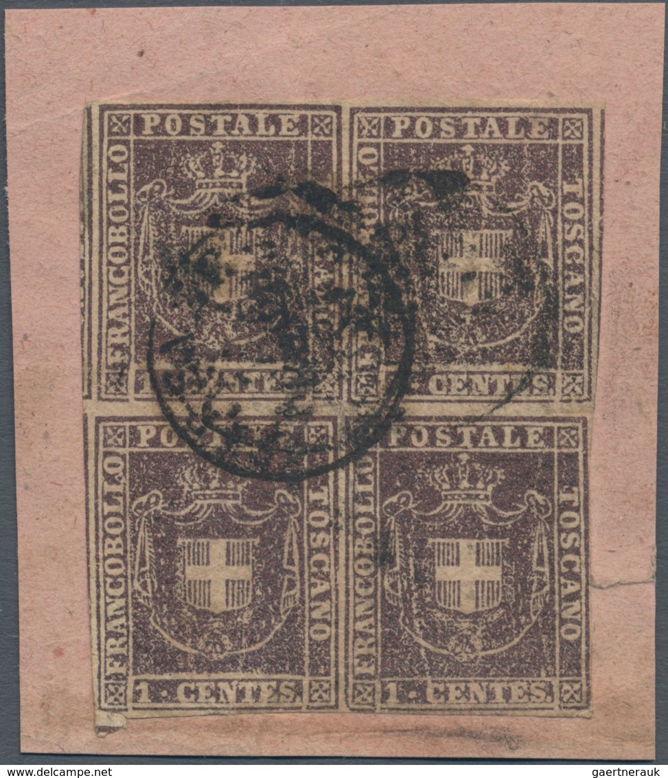 Italien - Altitalienische Staaten: Toscana: 1860, 1 Cent. Violet Brown In Block Of Four Cancelled On - Tuscany