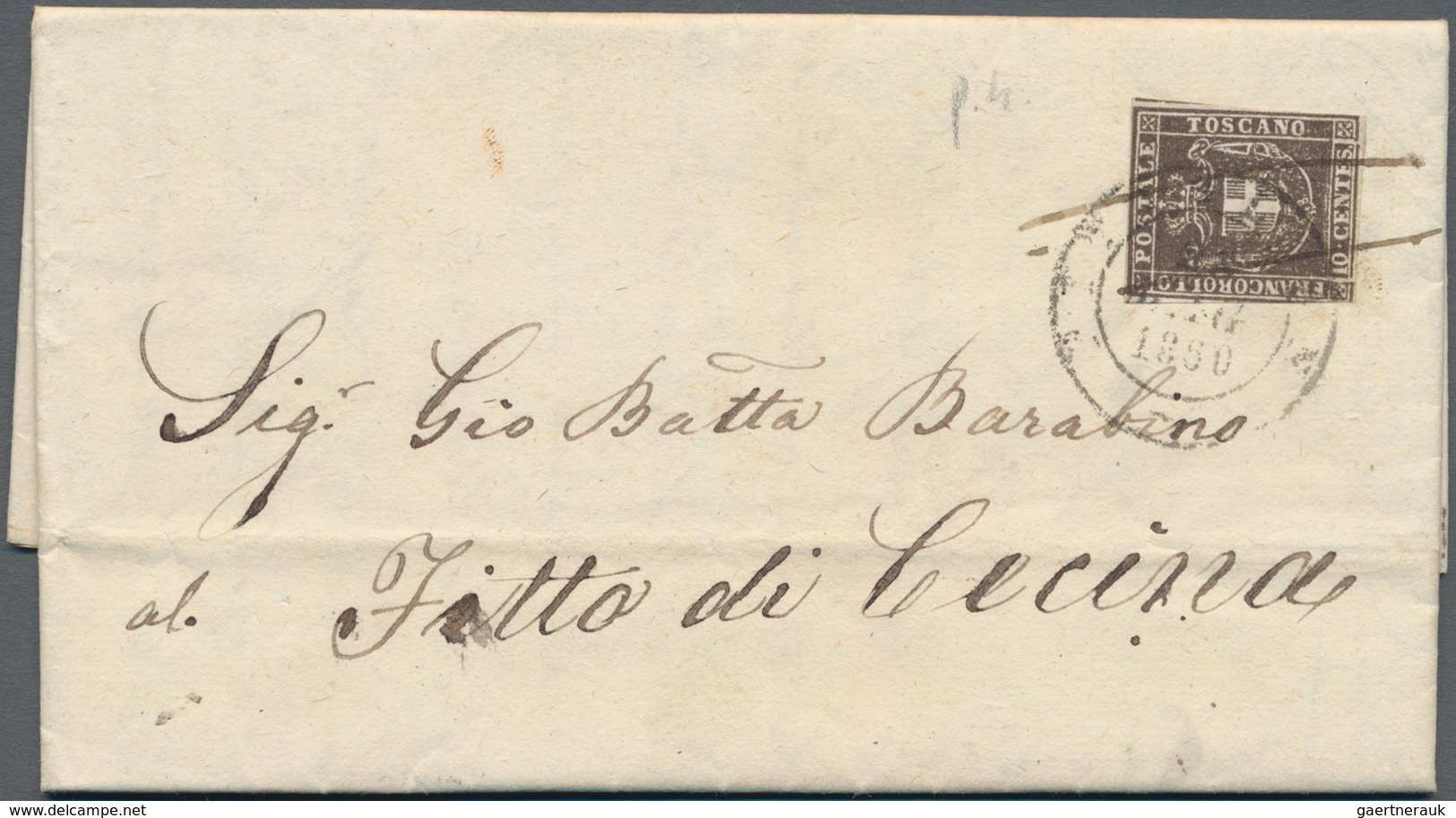 Italien - Altitalienische Staaten: Toscana: 1851, 10 Cr Brown Each Single Franking On Five Folded Le - Tuscany