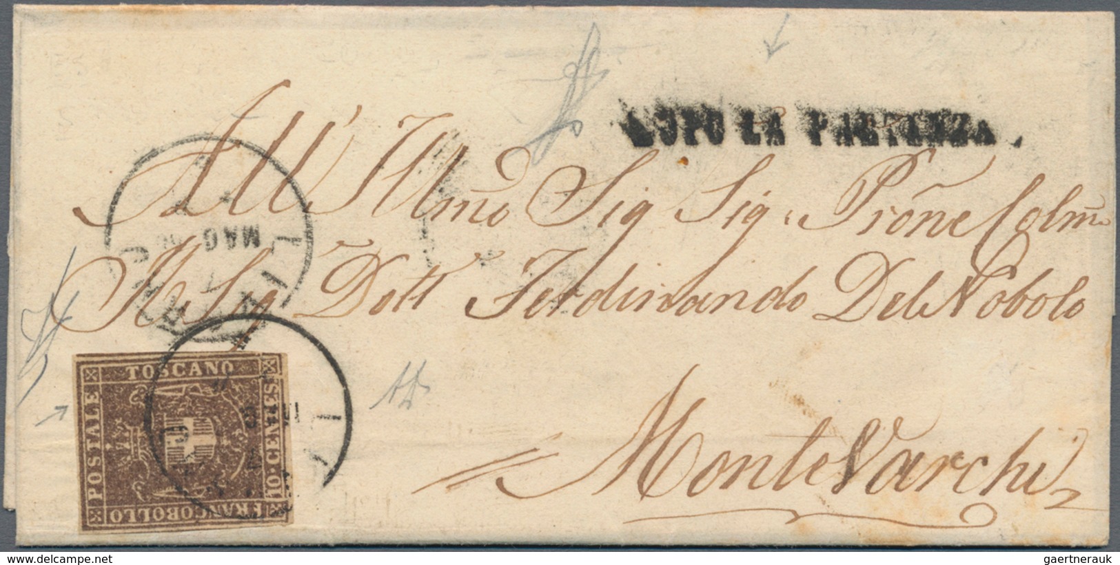 Italien - Altitalienische Staaten: Toscana: 1851, 10 Cr Brown Each Single Franking On Five Folded Le - Toskana