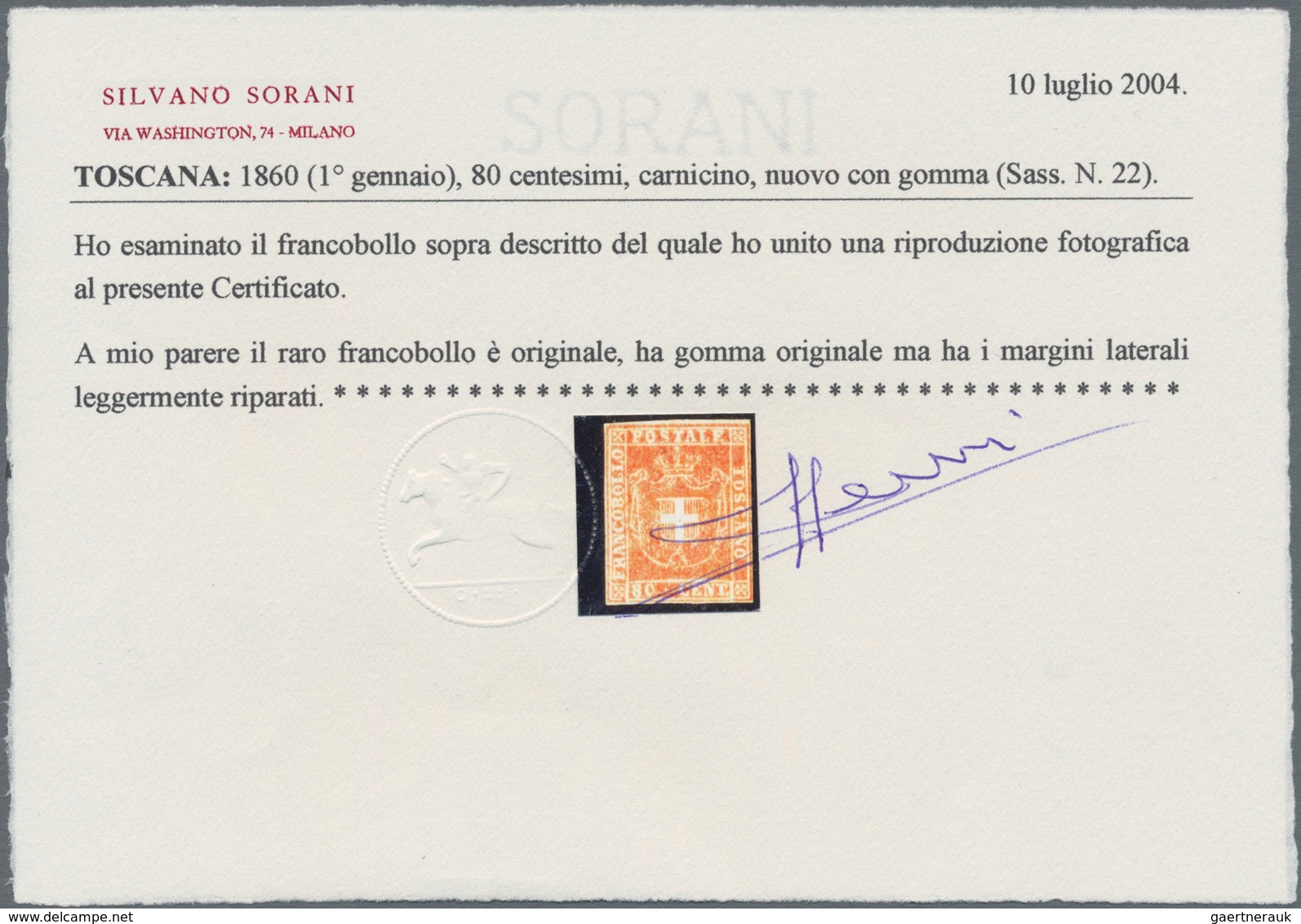 Italien - Altitalienische Staaten: Toscana: 1860, 80 Cent. Brownish Red Unused With Original Gum, Fr - Tuscany